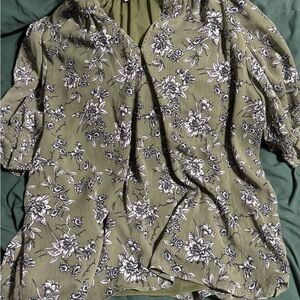 Olive Floral V-Neck Blouse with Puff Sleeves